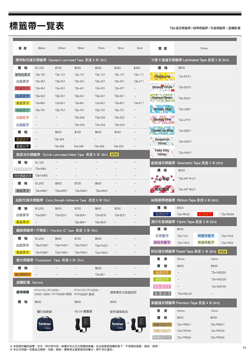 帶一覽表寬度36mm24mm18mm12mm9mm6mm寬度 護貝標籤帶緞帶標籤帶/布質標籤帶/選購配備12mm標準黏性護貝標籤帶 Standard Laminated Tape 長度8米(8m價格 1100700550500450400600可愛卡通護貝標籤帶 Laminated Tape 長度 5米 (5m)價格透明  161151141TZe131TZe121TZe-111RilakkumaTZe-RY31TZe-261TZe-251TZe-241TZe-231TZe-221TZe-211TZe-461TZe-451TZe-441TZe-431TZe-421Snoopy White)TZe-SW31黑字 TZe-561TZe-551TZe-541TZe-531TZe-521Snoopy GreenTZe-SG31底黑字TZe-661TZe-651TZe-641TZe-631TZe-621TZe-611綠底黑字 TZe-761TZe-751TZe-741TZe-731TZe-721Snoopy BlueTZe-UB31TZe-242TZe-232TZe-222Snoopy PinkTZe-UP31白底字TZe-243TZe-233TZe-223價格800Doraemon BlueTZe-G831$700$600$550金字TZe-354DoraemonTZe-GW31White黑底TZe-355TZe-345TZe-335TZe-325Hello KittyTZe-HW31質感消光標籤帶 Stylish Laminated Matte Tape 長度 8米(8m)White價格 $1,100創意護貝標籤帶 Geometric Tape 長度4米(4m)-M65消光黑底白字 -M365價格 $1,200$800$700$600底黑字 TZe-M961TZe-M95 1TZe-M941價格$500心心相印TZe-MP PH31TZe-MP RG31TZe-M931超黏性護貝標籤帶 Extra Strength Adhesive Tape 長度8米 (8m)絲質緞帶標籤帶 Ribbon Tape 長度4米(4m)價格 $1,200$800$700$600$550白底黑字TZe-S261TZe-S251TZe-S241TZe-S231TZe-S221價格$500底金字TZe-RN34紅底金字TZe-RW34底黑字TZe-S641TZe-S631燙印布質標籤帶 Fabric Tape 長度3米(3m)纜線標籤帶(可彎曲) Flexible ID Tape 長度8米(8m)價格 $1,200$800$700$600價格$600白布字TZe-FA3粉藍布藍字TZe-FA53粉紅布藍字TZe-FAE3粉黃布藍字TZe-FA63白底黑字TZe-FX261TZe-FX251TZe-FX241TZe-FX231黃底黑字TZe-FX661TZe-FX651TZe-FX641TZe-FX631粉彩護貝標籤帶 Pastel Tape 長度5米(5m)螢光標籤帶 Fluorescent Tape 長度5米 (5m)寬度24mm價格$800價格$600金底白字「螢光底黑字TZe-B3112mm$600TZe-MQ835TZe-MQG35TZe-MQP35綠底白字選購配備 Options粉紅底白字|PT-H110 / PT-D200PT-H110/PT-D200、適用機種D450、D600、PT-P300BT系列 PT-P300BT系列請參閱左方型號說明|灰底白字| TZe-價格$600$800$999華麗護貝標籤帶 Premium Tape 長度4米(4m)隨行收納袋AD-24 變壓器配件超值組合寬度價格24mm12mm$800$500brotherbrotherTZe-PR851TZe-PR831華麗白底金字TZe-PR254TZe-PR234TZe-PR955TZe-PR935※ 本型錄所的商標、文字、照片等內容,皆屬於本公司之智慧財產權在未經書面授權同意下,不得擅自複製、修改、使用。※ 本公司保留一切產品之規格、功能、顏色、價格等之變更修改的權力,將不另行通知。10