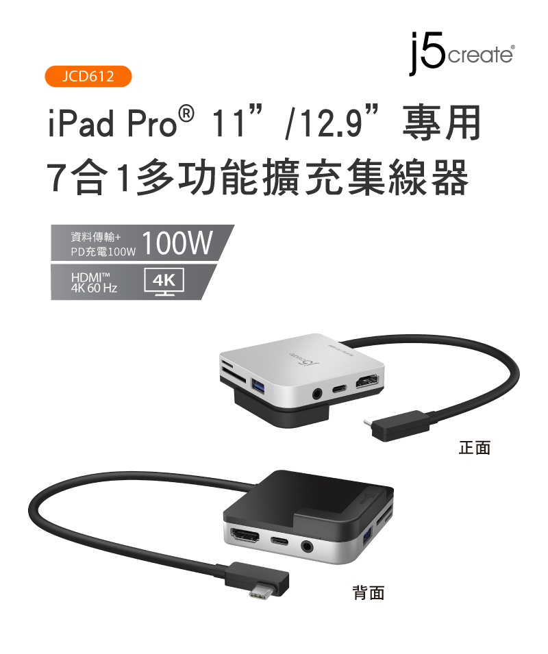 ☆大感謝セール】J5 iPad Pro カードスロットｘ2 φ3.5mm JCD612 Power HDMI スペースグレー 12.9専用パッド付［ USB-C USB USB-A 100W ［USB USB-C］ドッキングステーション Delivery対応］ 11 JCD612 オス→メス  PD対応 フォトプリンタ