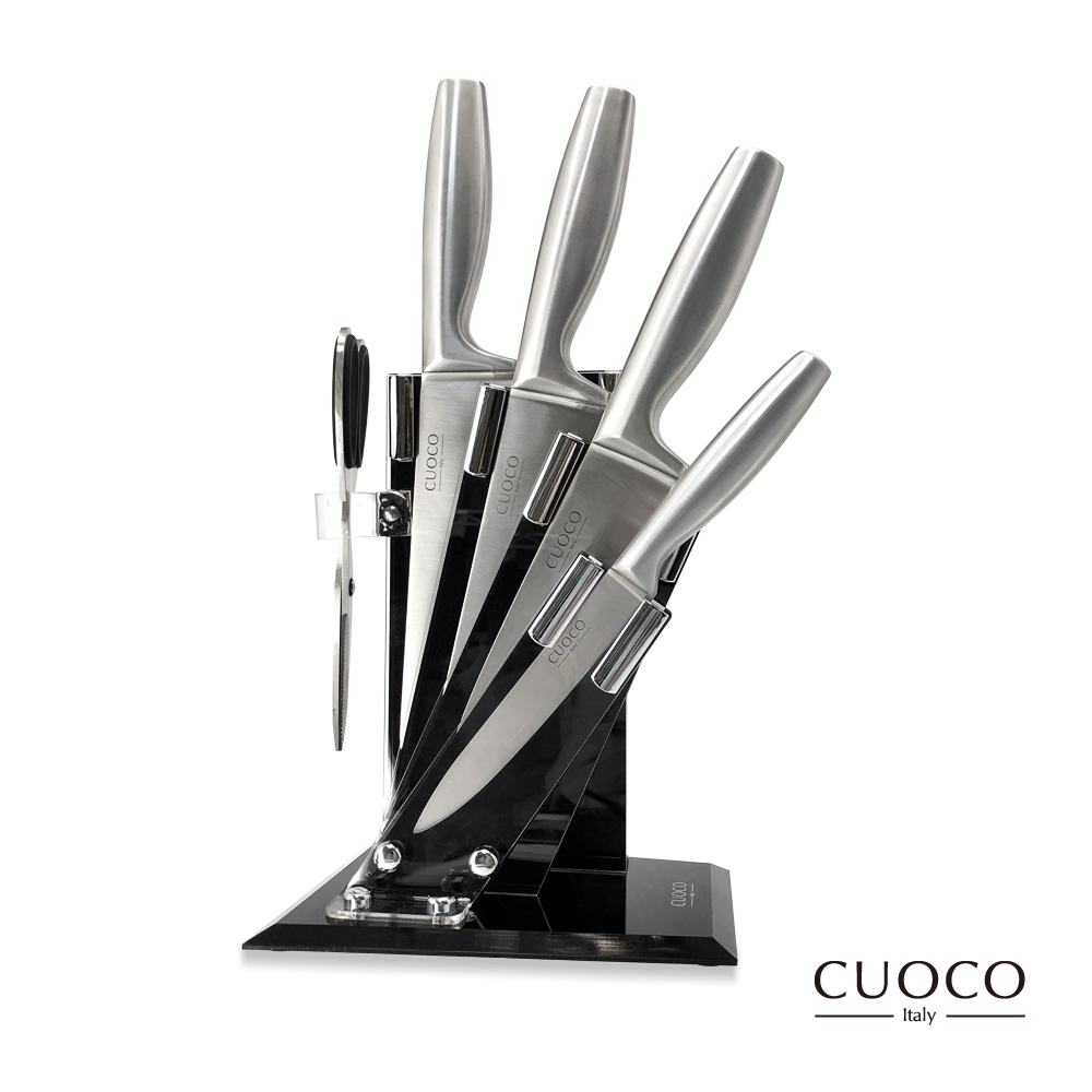 【義大利CUOCO】薩丁尼亞420不鏽鋼-平衡刀具6件組(切片刀、廚師刀、三德刀、萬用刀、剪刀、刀座)