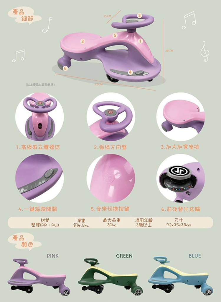 英國 JOLLY - 電動音樂扭扭車-綠-E202