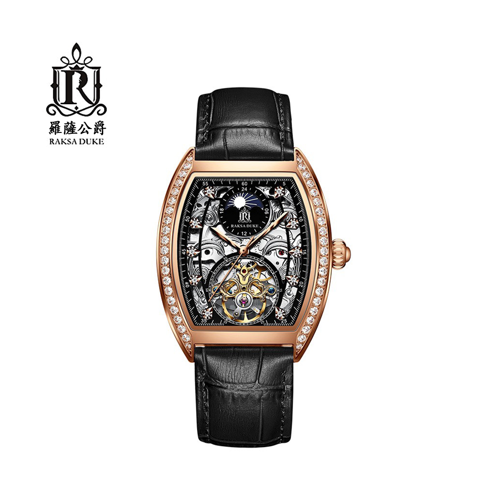 蘇格蘭皇家品牌 RAKSA DUKE羅薩公爵 鑲鑽玫金酒桶機械鏤空黑皮帶腕錶