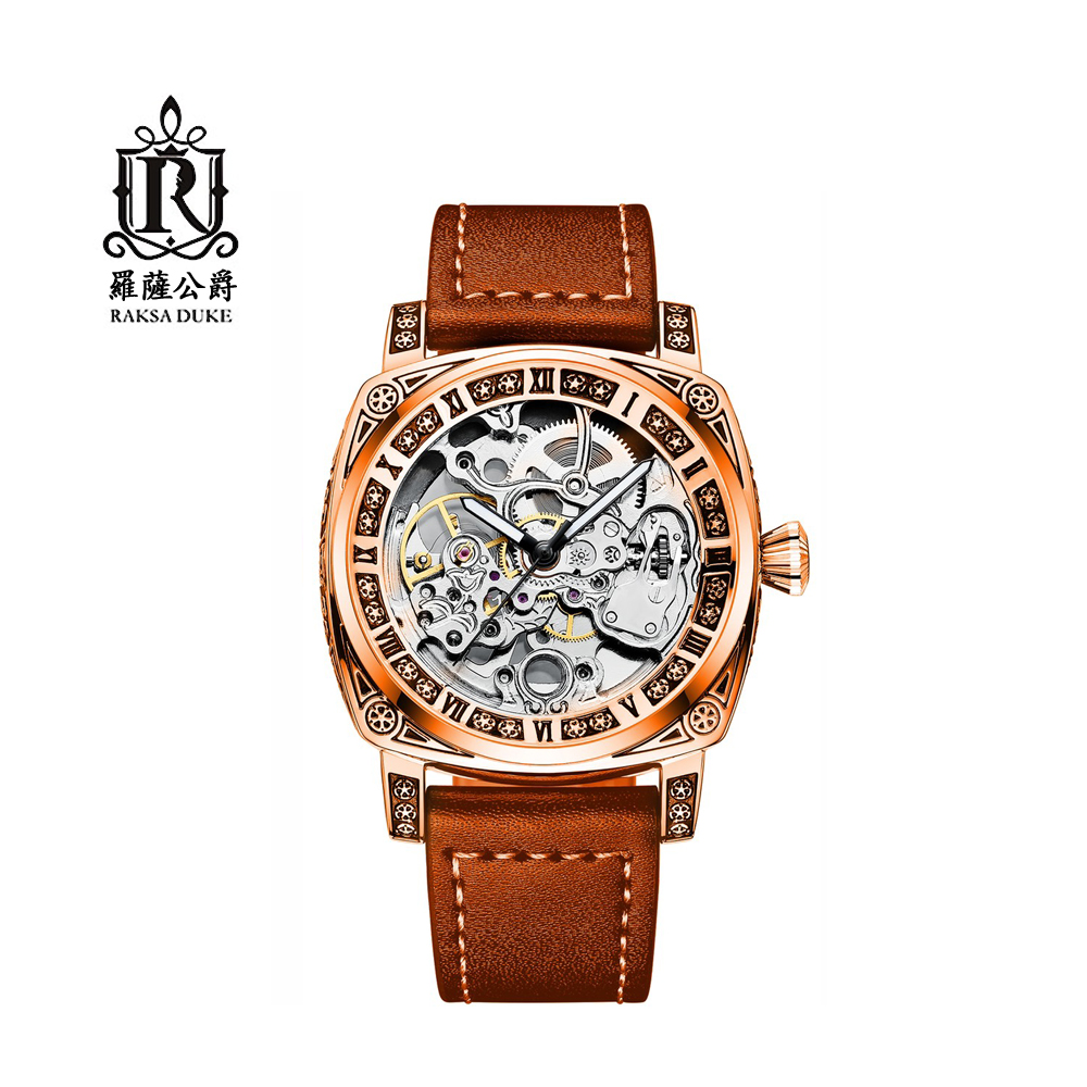 蘇格蘭皇家品牌 RAKSA DUKE羅薩公爵 古典玫金雕花外框簍空自動上鍊機械皮帶腕錶-棕色