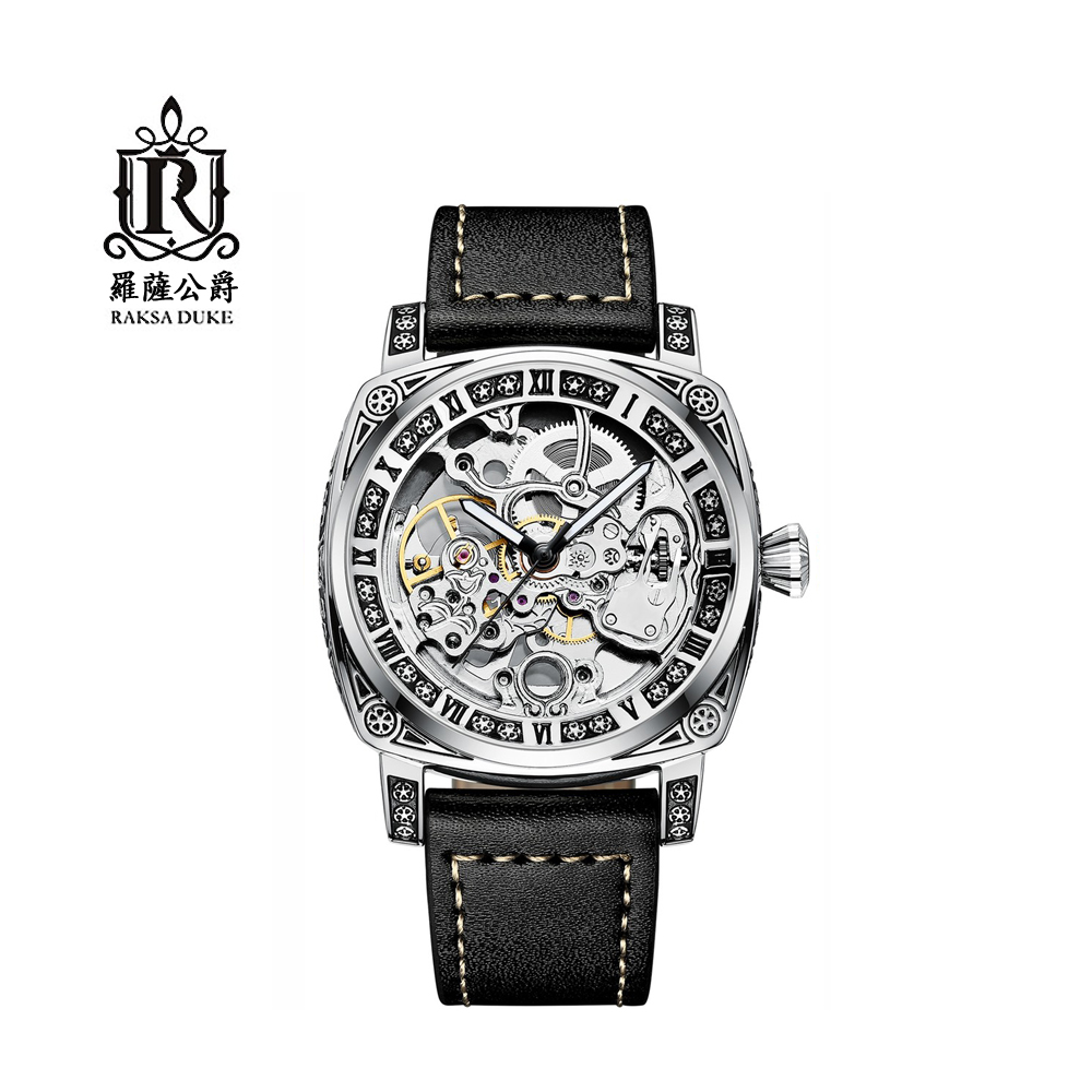 蘇格蘭皇家品牌 RAKSA DUKE羅薩公爵 古典高清銀雕花外框簍空自動上鍊機械皮帶腕錶-黑色