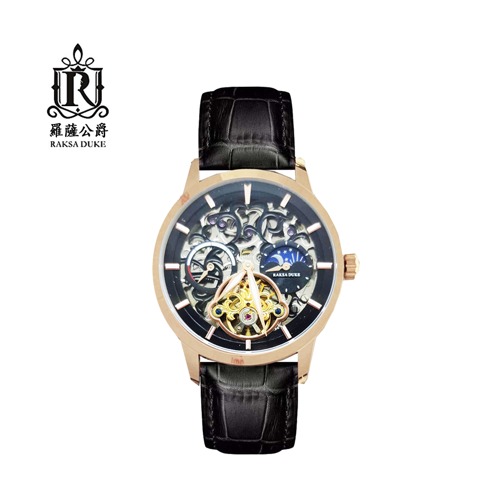 蘇格蘭皇家品牌 RAKSA DUKE羅薩公爵 素雅玫金日月星辰自動上鍊機械黑皮帶腕錶-黑面