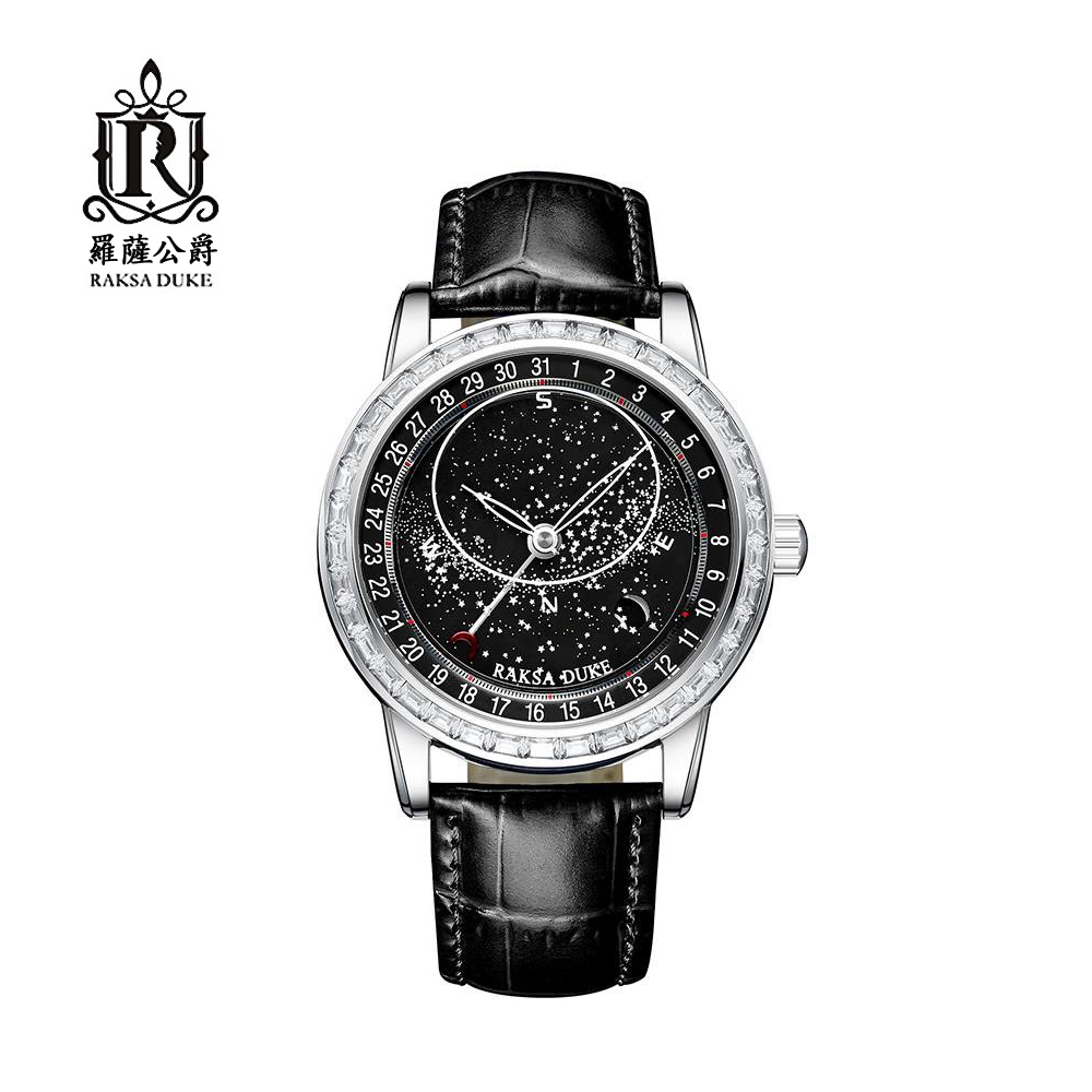蘇格蘭皇家品牌 RAKSA DUKE羅薩公爵 光陰荏苒自動上鍊機械黑皮帶腕錶
