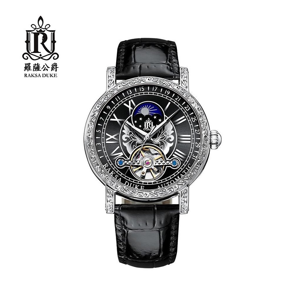 蘇格蘭皇家品牌 RAKSA DUKE羅薩公爵 高雅純潔日月星宿自動上鍊機械銀框黑皮帶腕錶