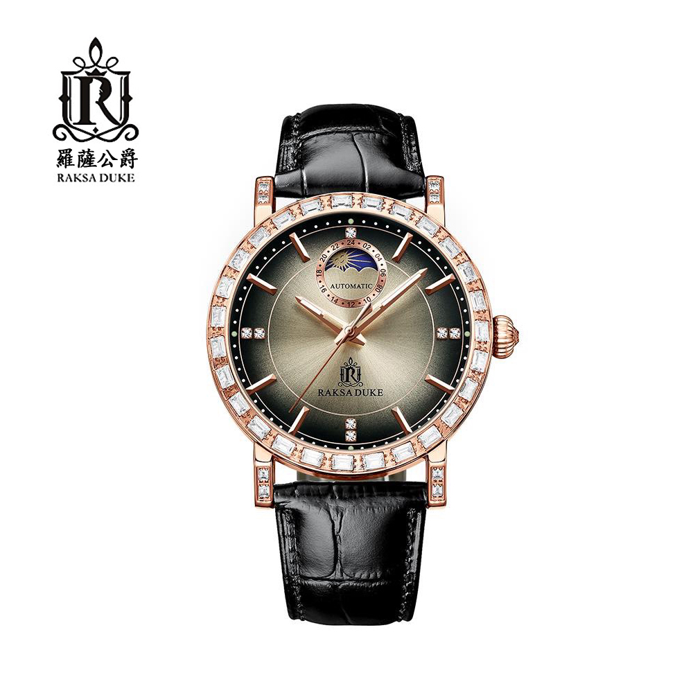 蘇格蘭皇家品牌 RAKSA DUKE羅薩公爵 熠熠生輝璀璨絢目鑲鑽日月星辰自動上鍊機械玫框黑皮帶腕錶
