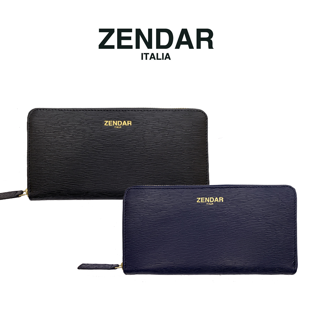 【ZENDAR】限量1折頂級小牛皮十字紋拉鍊皮夾卡門系列全新專櫃 