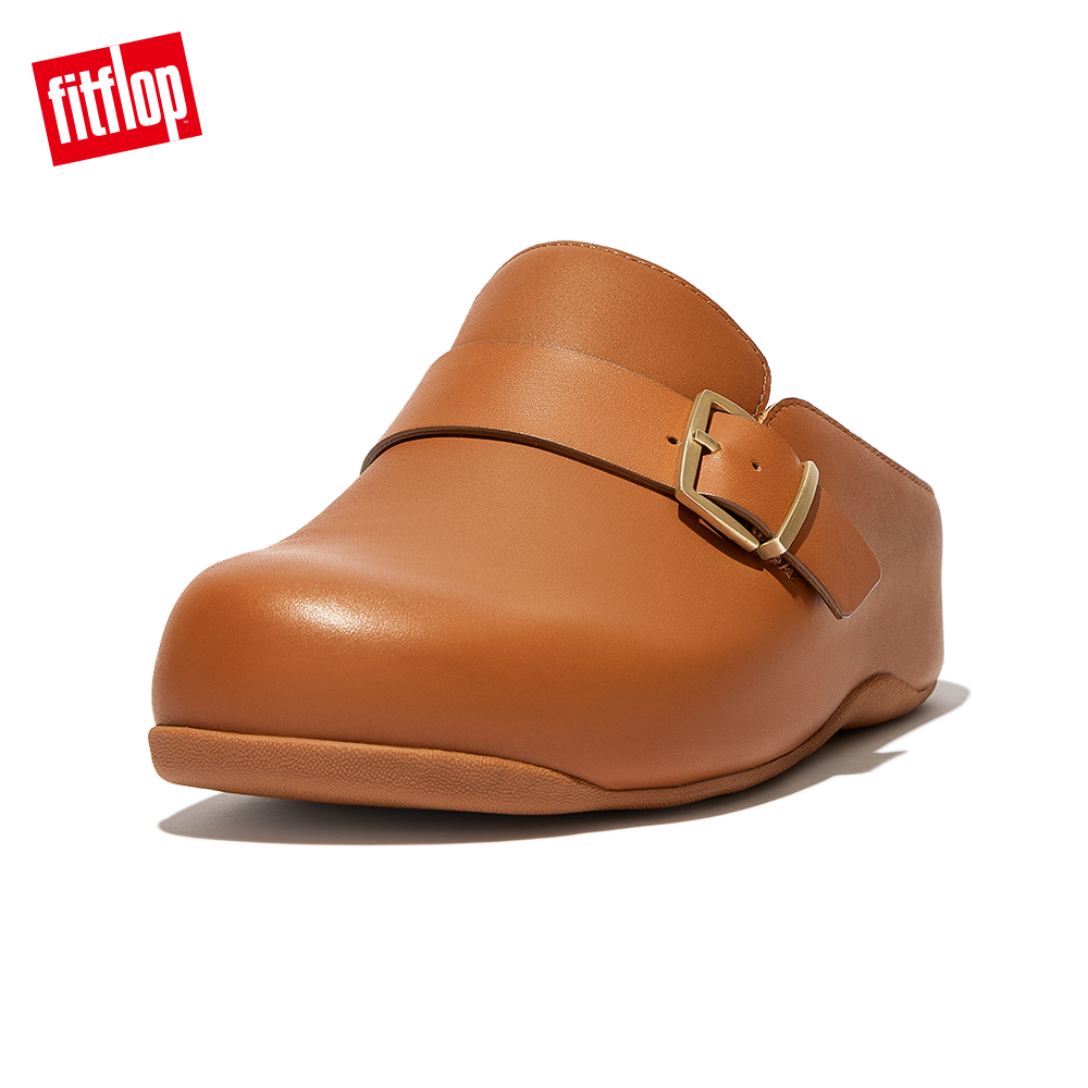 FitFlop SHUV BUCKLE-STRAP LEATHER CLOGS金屬扣環裝飾木屐鞋-女(棕